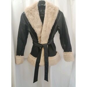 VTG Inspired Girls Dark‎ Brown Faux Fur & Faux  Leather Lined Belted Jacket Sz L